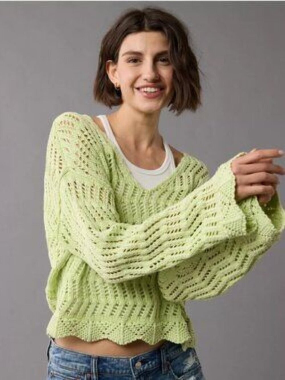 American Eagle light green crochet sweater bell sleeve beach surf pullover vneck